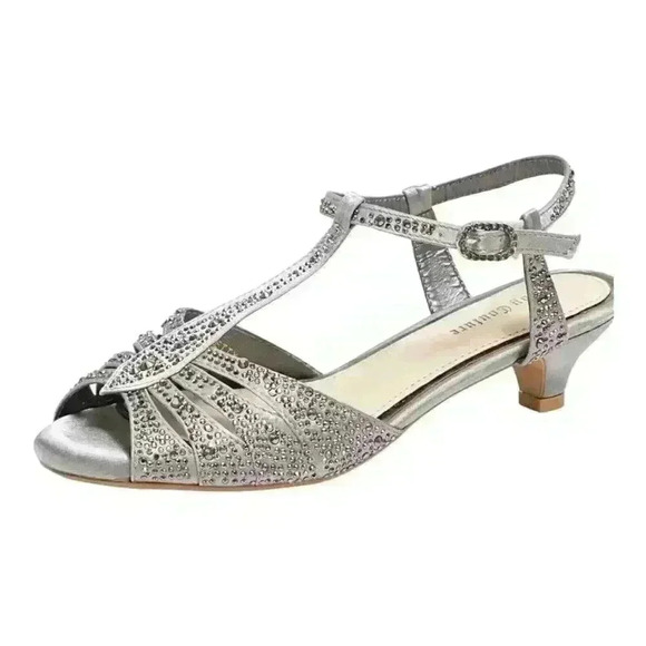 Lady Couture Betty 1 3/4" Heel Dressy Kitten Sandal Silver Pewter 9.5 (40)Wide - Picture 1 of 8